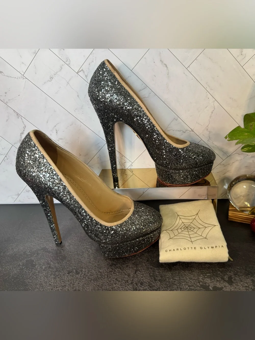 Charlotte Olympia Grey Glitter Dolly Platform Pumps Heels, Size 38